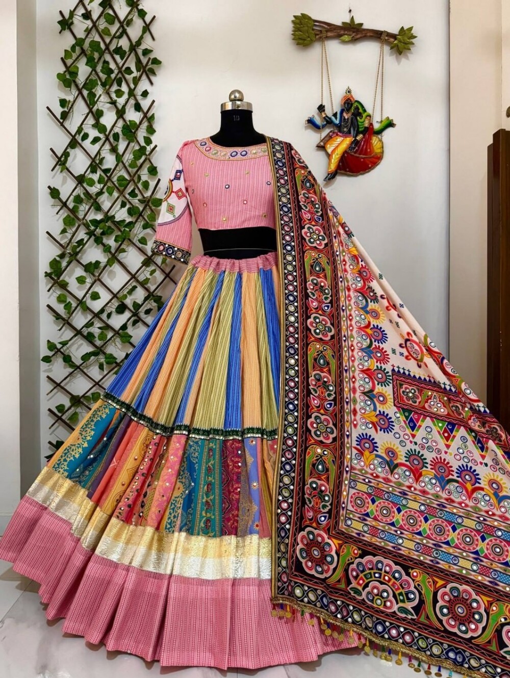 Pink Multicolor Navratri Lehenga Choli for Women | Traditional Garba Dress
